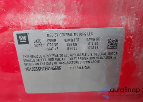 2014 Chevrolet Sonic Lt Auto from USA, damaged, VIN 1G1JC5SH7E4145606